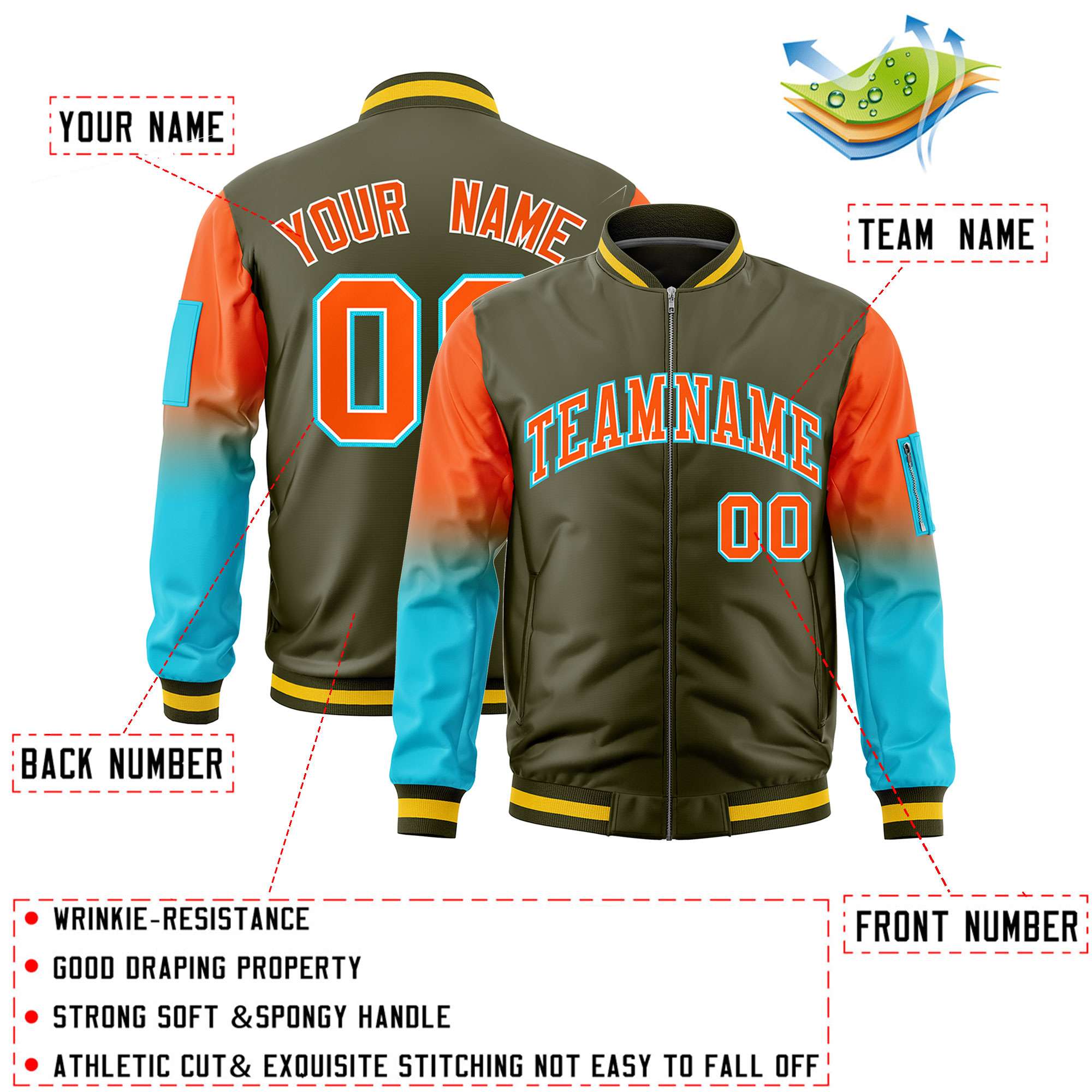 Custom Olive Orange-Sky Blue Gaglan Sleeve Gradient Varsity Full-Zip Letterman Bomber Jacket