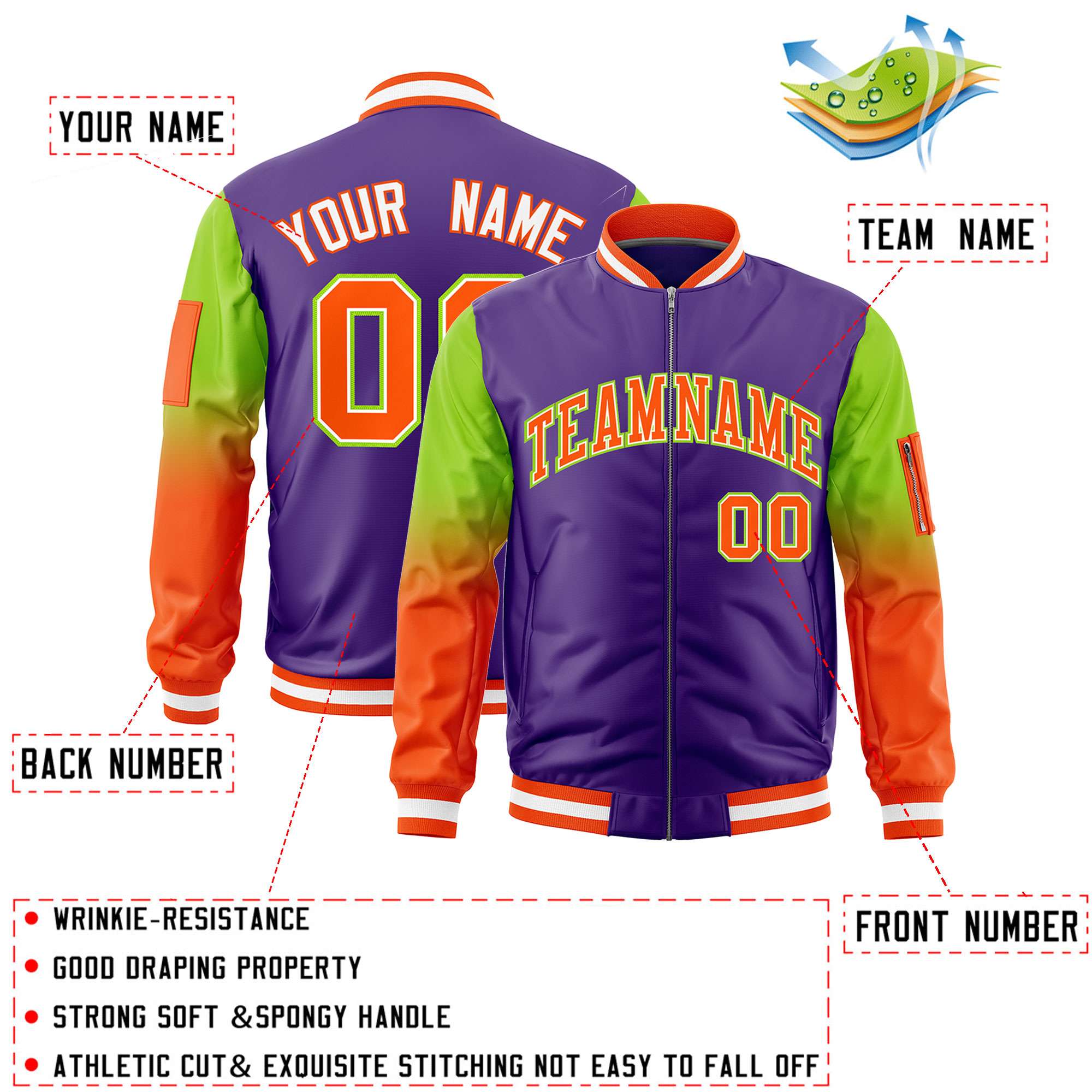 Custom Purple Neon Green-Orange Gaglan Sleeve Gradient Varsity Full-Zip Letterman Bomber Jacket