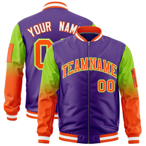 Custom Purple Neon Green-Orange Gaglan Sleeve Gradient Varsity Full-Zip Letterman Bomber Jacket