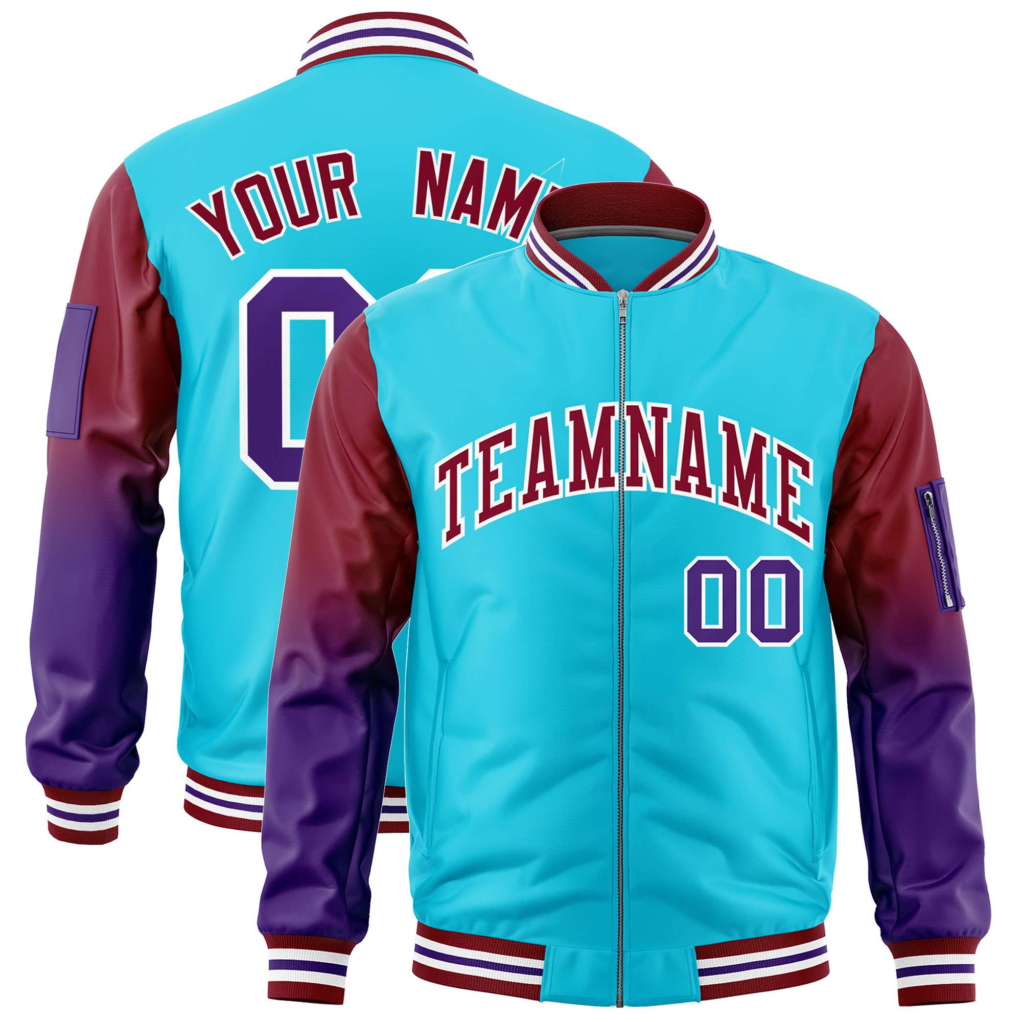 Custom Sky Blue Crimson-Purple Gaglan Sleeve Gradient Varsity Full-Zip Letterman Bomber Jacket