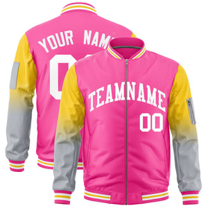 Custom Pink Gold-Silver Gaglan Sleeve Gradient Varsity Full-Zip Letterman Bomber Jacket