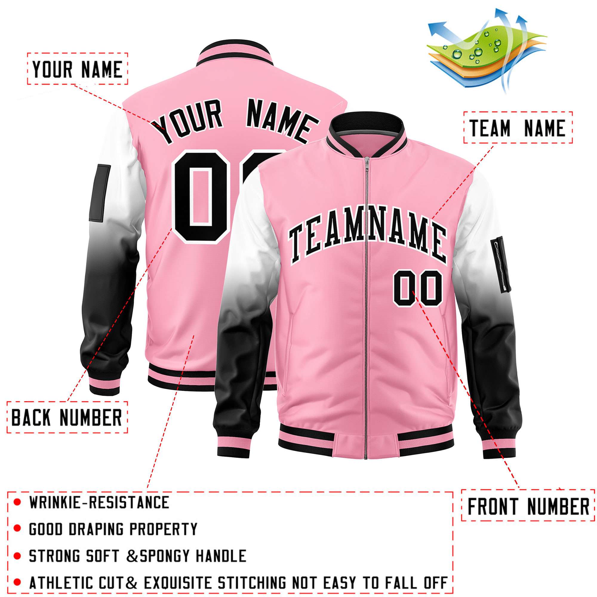 Custom Light Pink White-Black Gaglan Sleeve Gradient Varsity Full-Zip Letterman Bomber Jacket