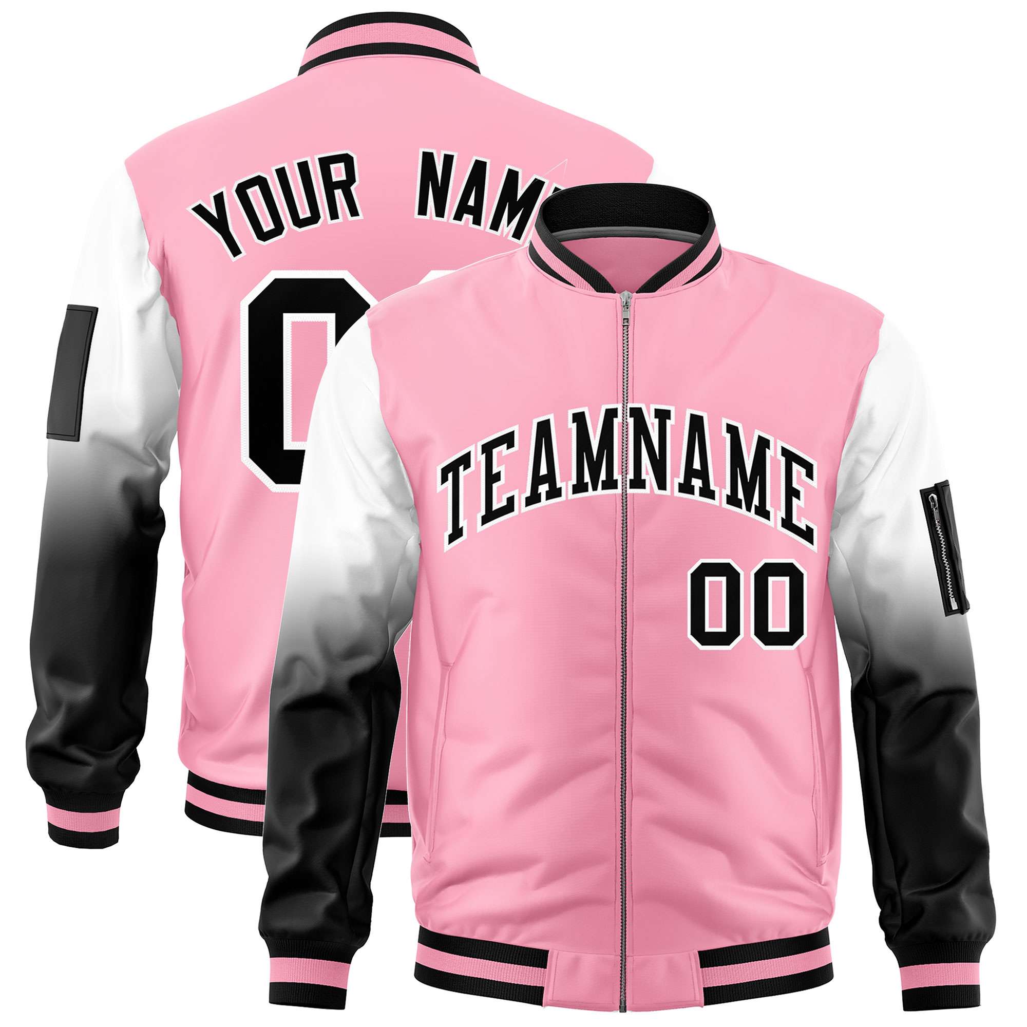 Custom Light Pink White-Black Gaglan Sleeve Gradient Varsity Full-Zip Letterman Bomber Jacket