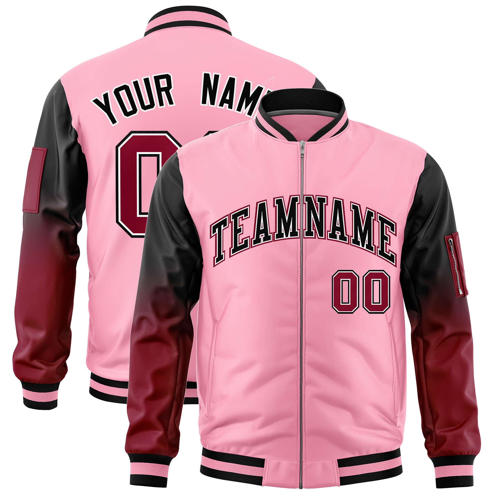 Custom Light Pink Black-Crimson Gaglan Sleeve Gradient Varsity Full-Zip Letterman Bomber Jacket