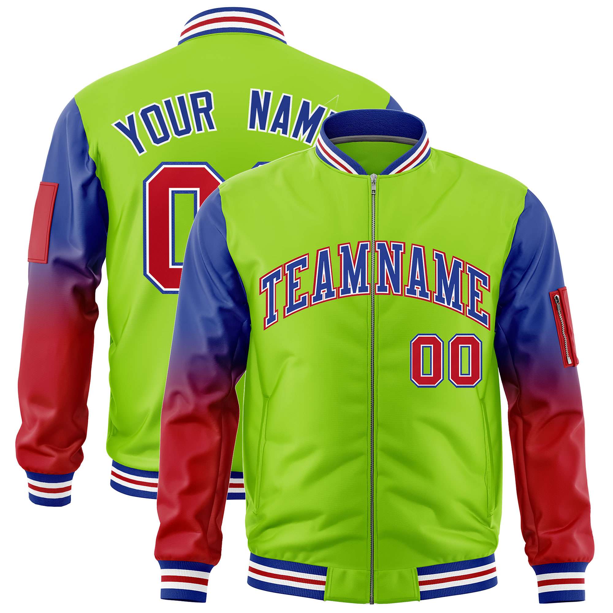 Custom Neon Green Royal-Red Gaglan Sleeve Gradient Varsity Full-Zip Letterman Bomber Jacket