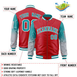 Custom Red Aqua-Silver Gaglan Sleeve Gradient Varsity Full-Zip Letterman Bomber Jacket