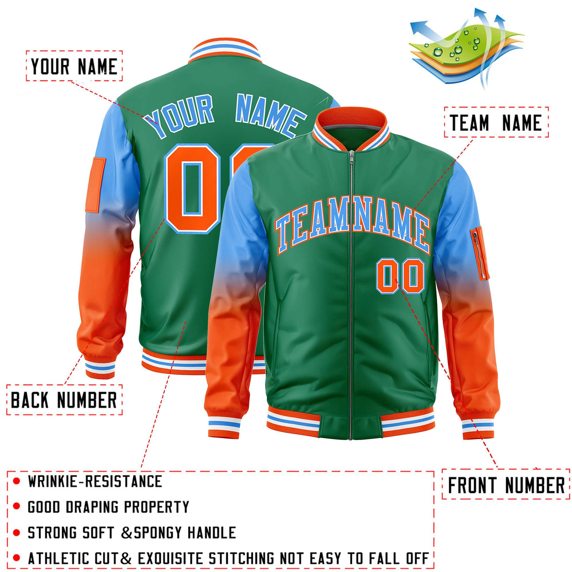 Custom Kelly Green Powder Blue-Orange Gaglan Sleeve Gradient Varsity Full-Zip Letterman Bomber Jacket