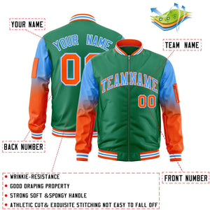 Custom Kelly Green Powder Blue-Orange Gaglan Sleeve Gradient Varsity Full-Zip Letterman Bomber Jacket