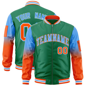 Custom Kelly Green Powder Blue-Orange Gaglan Sleeve Gradient Varsity Full-Zip Letterman Bomber Jacket