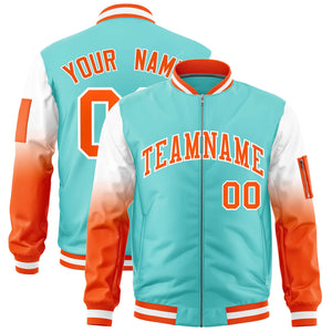 Custom Bright Green White-Orange Gaglan Sleeve Gradient Varsity Full-Zip Letterman Bomber Jacket