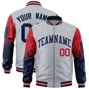 Custom Silver Red-Navy Gaglan Sleeve Gradient Varsity Full-Zip Letterman Bomber Jacket