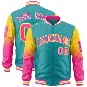 Custom Aqua Gold-Pink Gaglan Sleeve Gradient Varsity Full-Zip Letterman Bomber Jacket