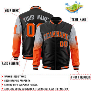 Custom Black Silver-Orange Gaglan Sleeve Gradient Varsity Full-Zip Letterman Bomber Jacket