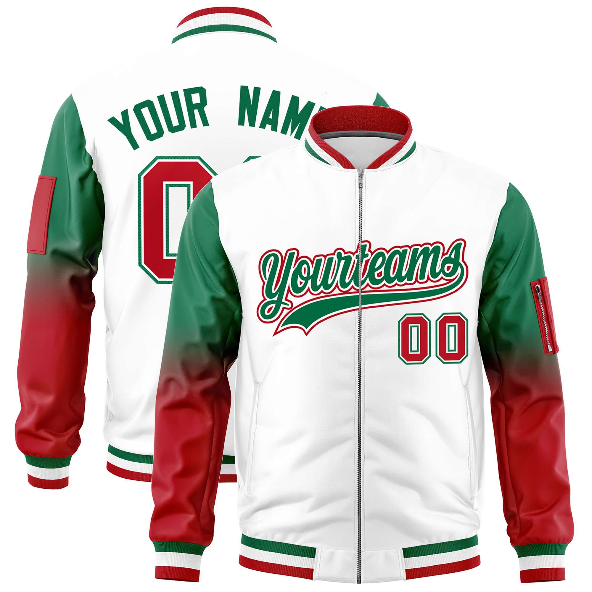 Custom White Kelly Green-Red Gaglan Sleeve Gradient Varsity Full-Zip Letterman Bomber Jacket