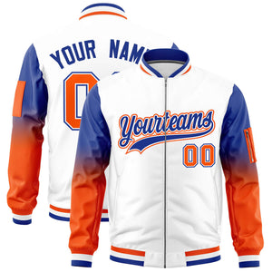 Custom White Royal-Orange Gaglan Sleeve Gradient Varsity Full-Zip Letterman Bomber Jacket