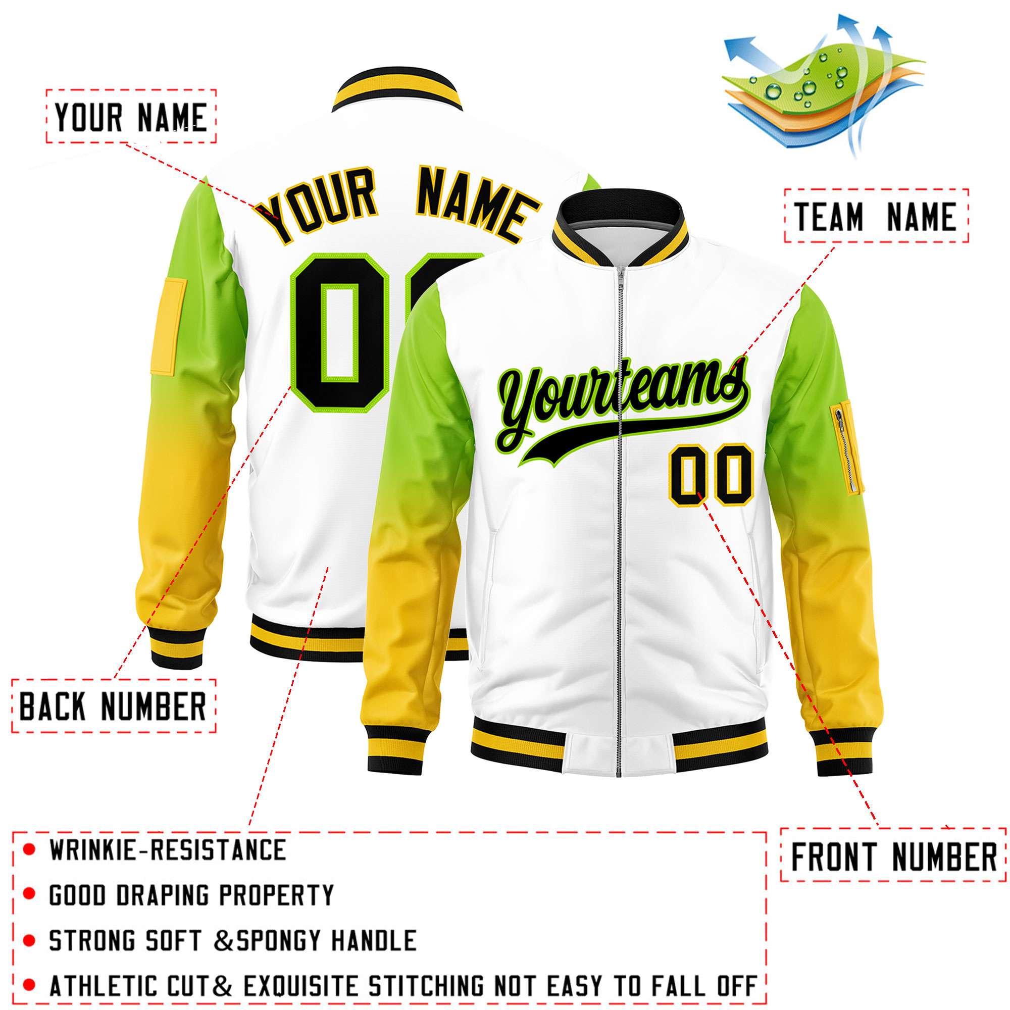 Custom White Neon Green-Gold Gaglan Sleeve Gradient Varsity Full-Zip Letterman Bomber Jacket