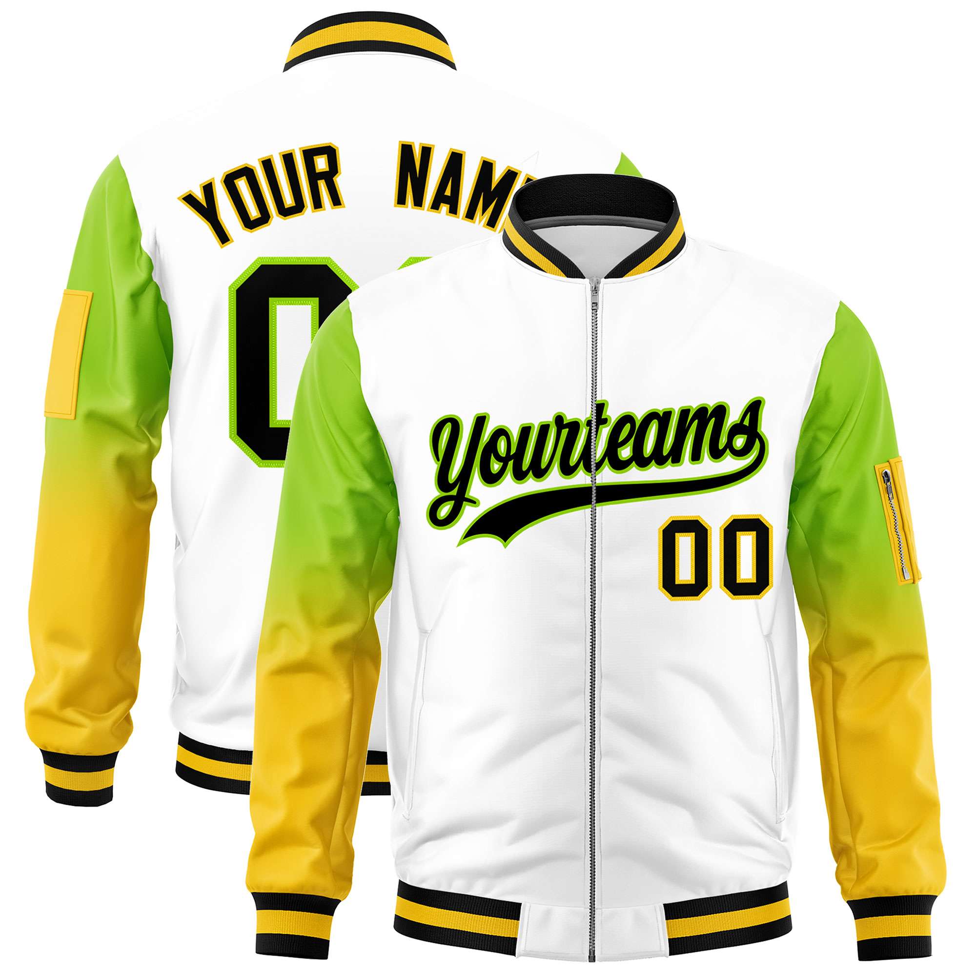 Custom White Neon Green-Gold Gaglan Sleeve Gradient Varsity Full-Zip Letterman Bomber Jacket