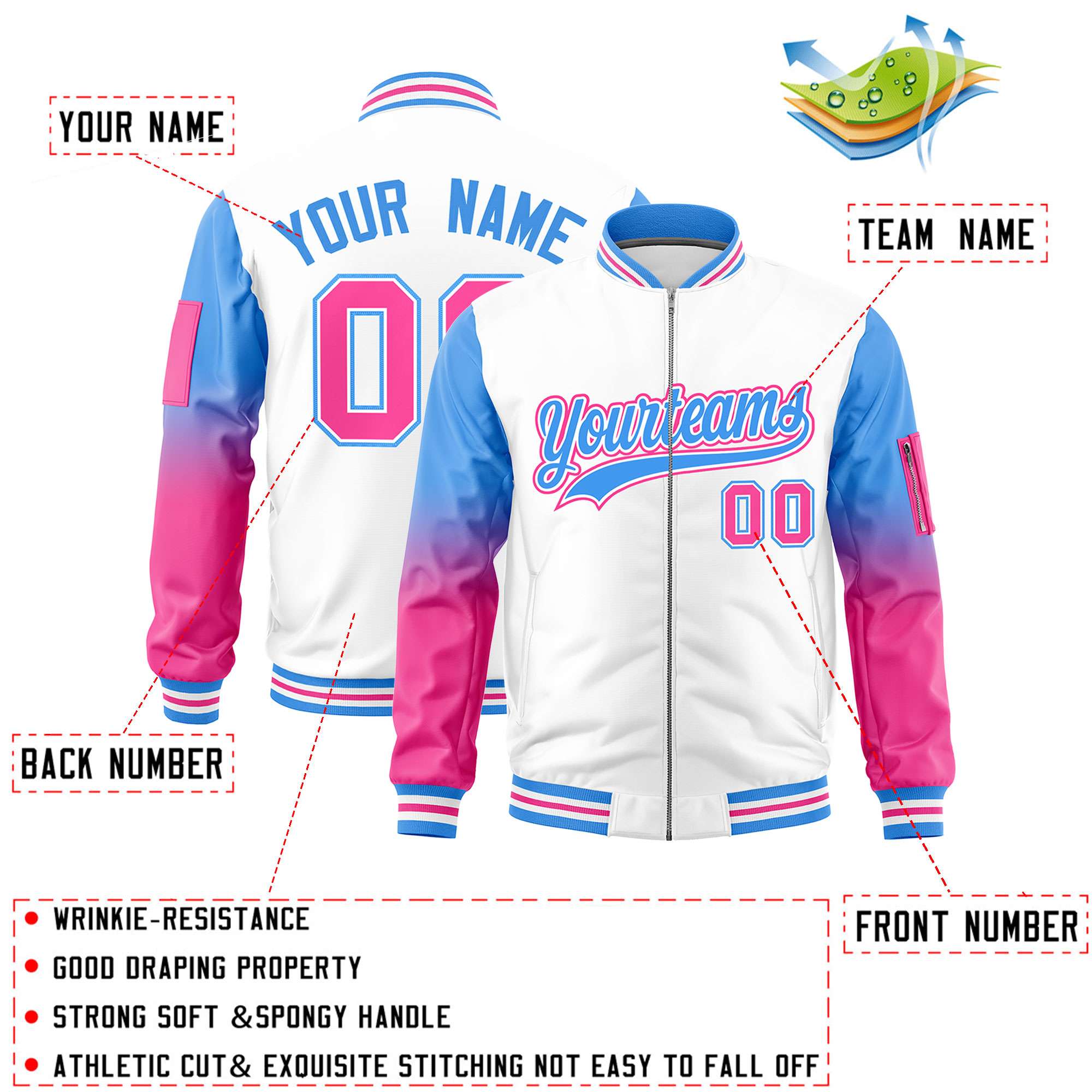 Custom White Powder Blue-Pink Gaglan Sleeve Gradient Varsity Full-Zip Letterman Bomber Jacket