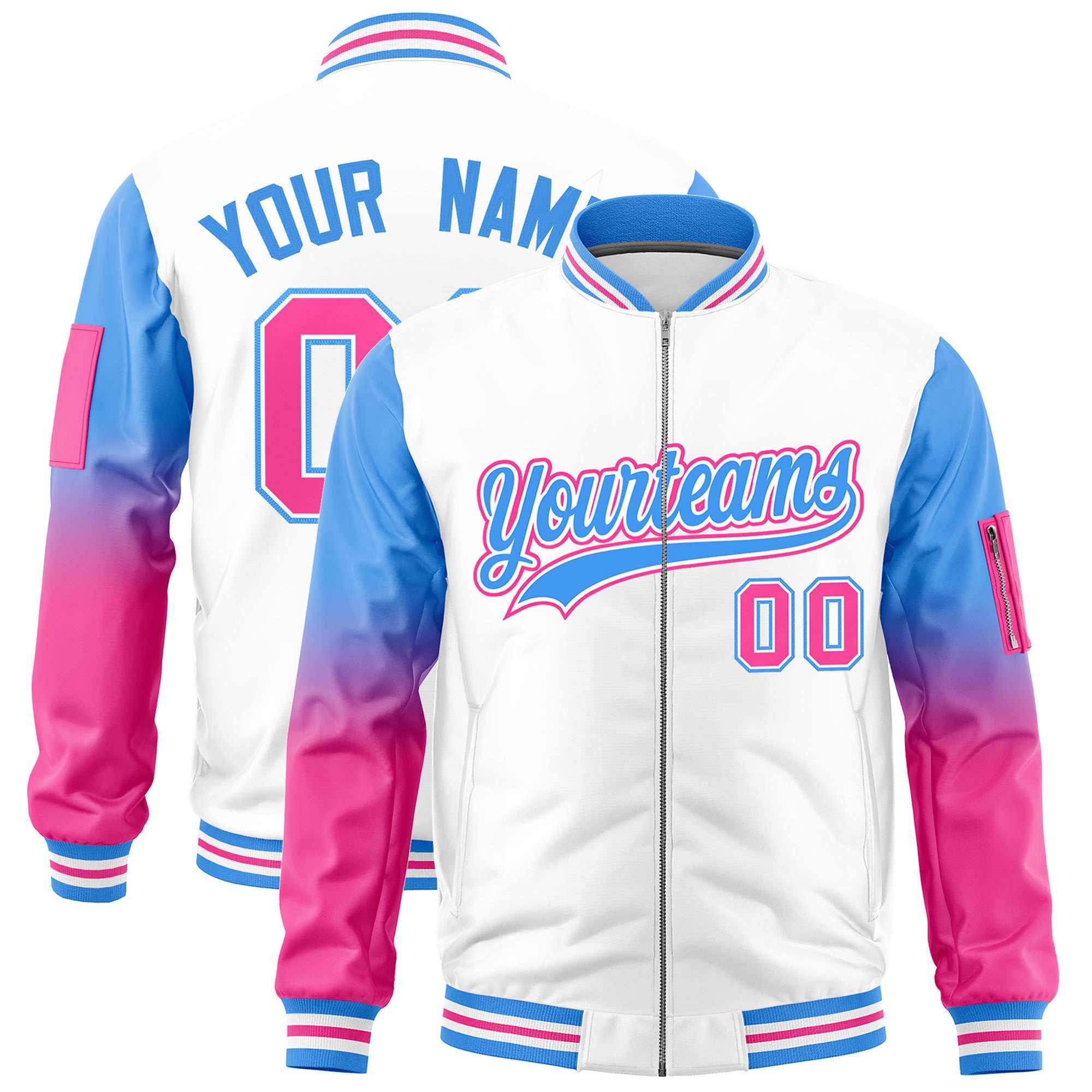 Custom White Powder Blue-Pink Gaglan Sleeve Gradient Varsity Full-Zip Letterman Bomber Jacket