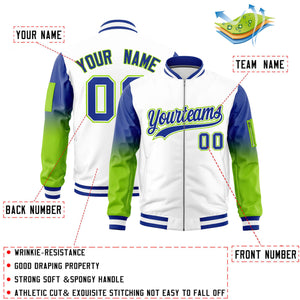 Custom White Royal-Neon Green Gaglan Sleeve Gradient Varsity Full-Zip Letterman Bomber Jacket