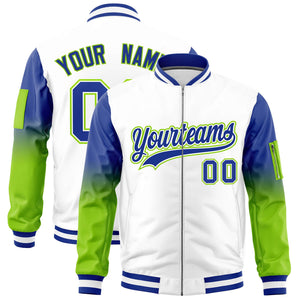 Custom White Royal-Neon Green Gaglan Sleeve Gradient Varsity Full-Zip Letterman Bomber Jacket