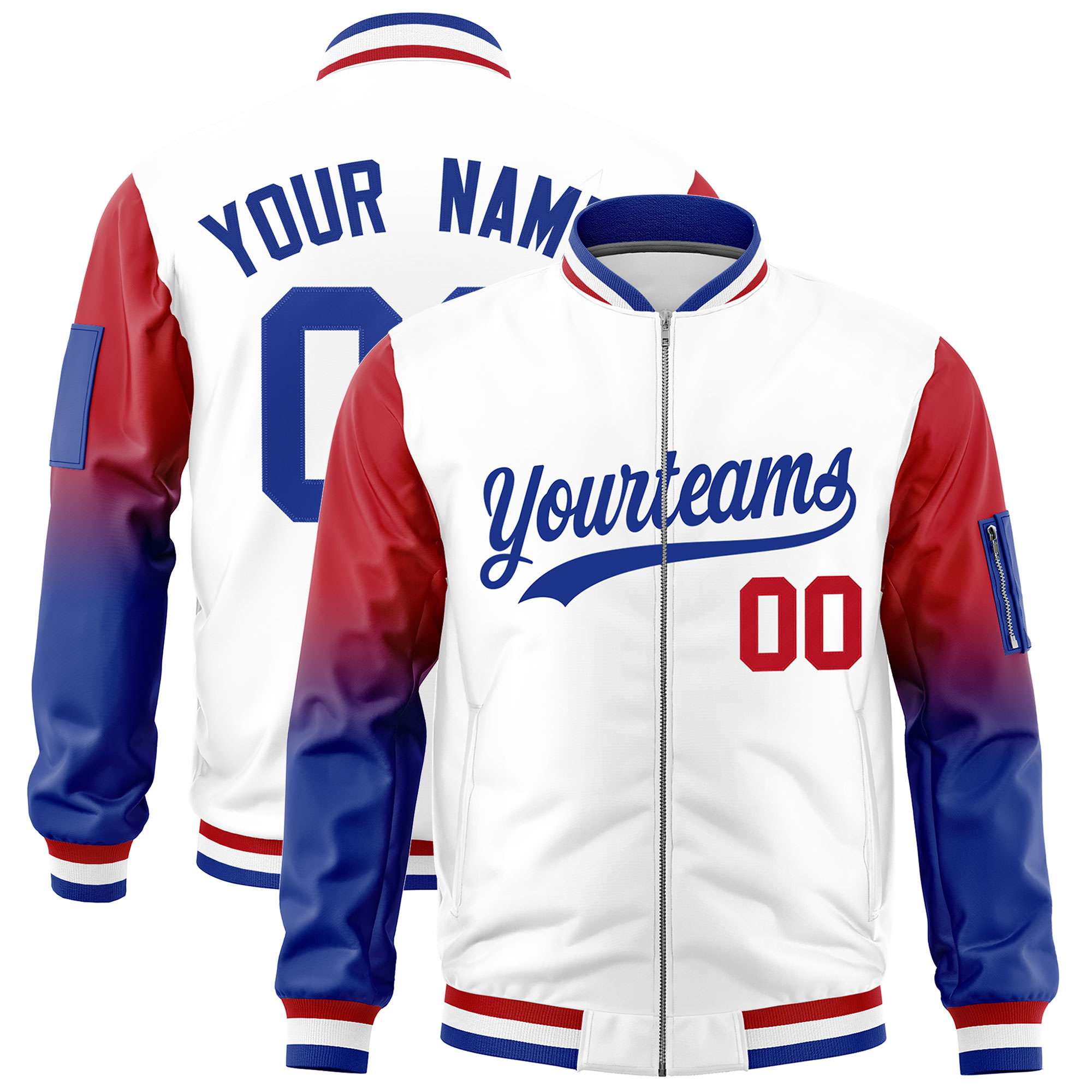 Custom White Red-Royal Gaglan Sleeve Gradient Varsity Full-Zip Letterman Bomber Jacket