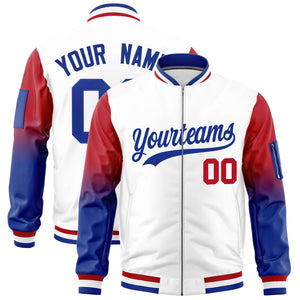 Custom White Red-Royal Gaglan Sleeve Gradient Varsity Full-Zip Letterman Bomber Jacket