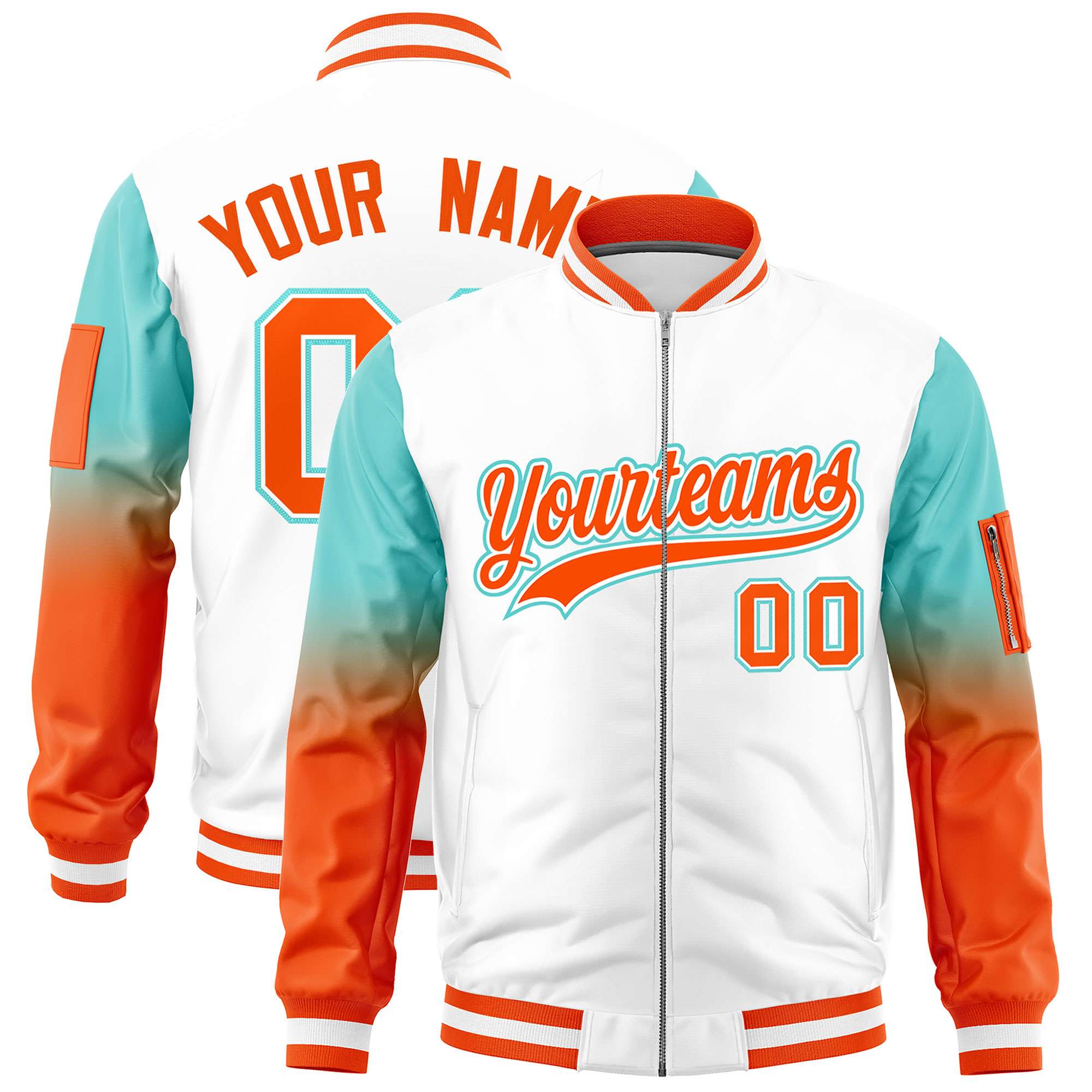 Custom White Bright Green-Orange Gaglan Sleeve Gradient Varsity Full-Zip Letterman Bomber Jacket