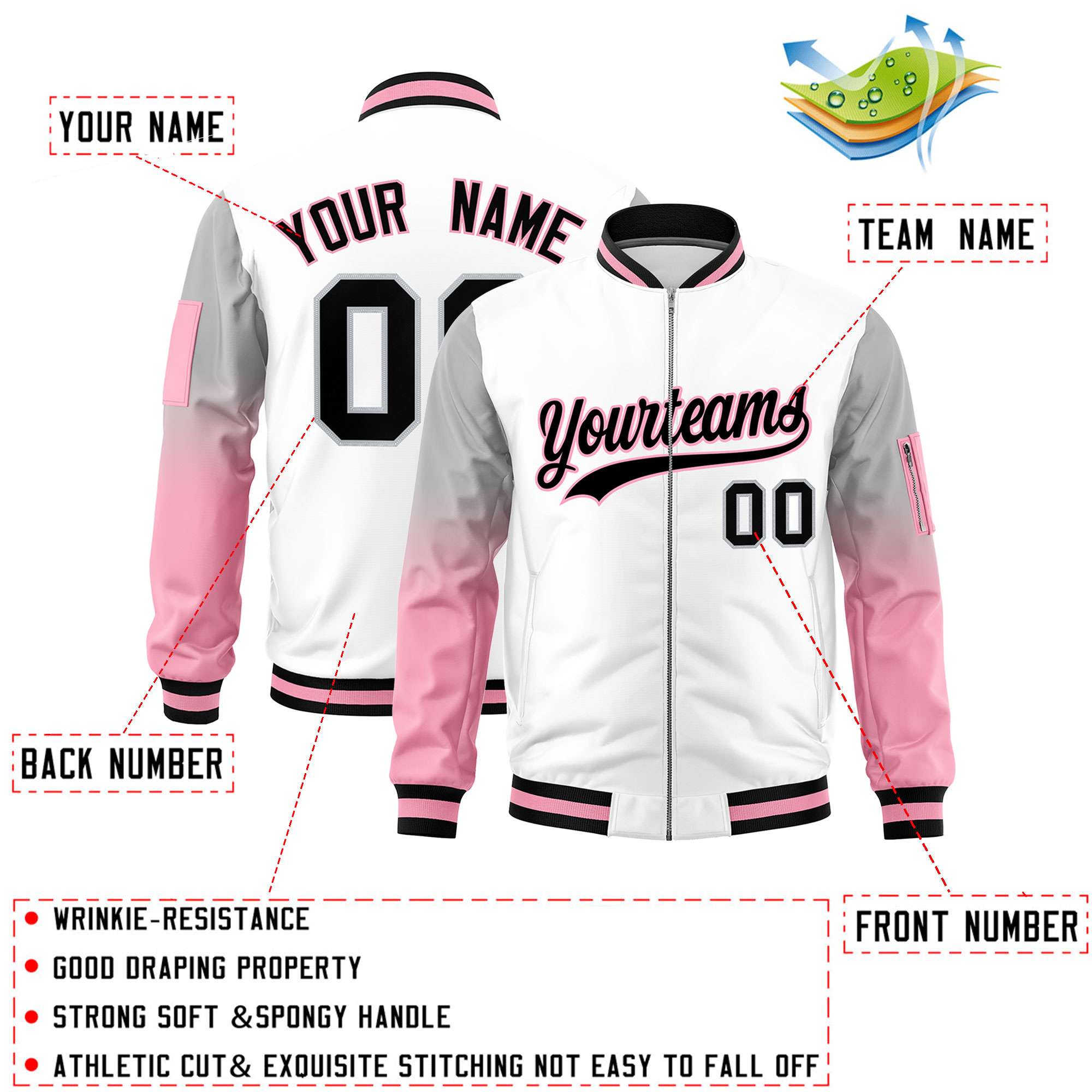 Custom White Silver-Light Pink Gaglan Sleeve Gradient Varsity Full-Zip Letterman Bomber Jacket