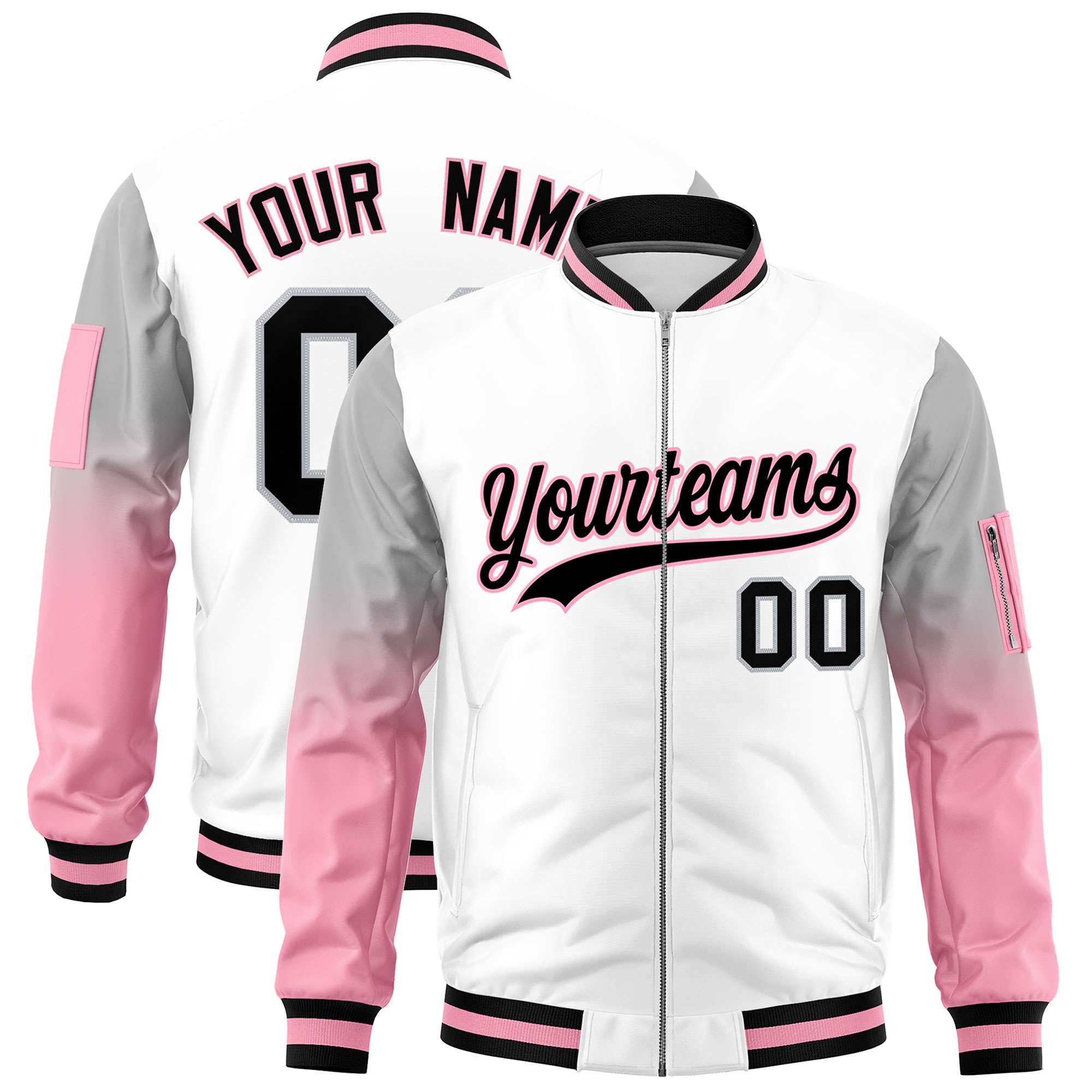 Custom White Silver-Light Pink Gaglan Sleeve Gradient Varsity Full-Zip Letterman Bomber Jacket