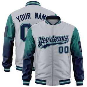 Custom Silver Aqua-Navy Gaglan Sleeve Gradient Varsity Full-Zip Letterman Bomber Jacket