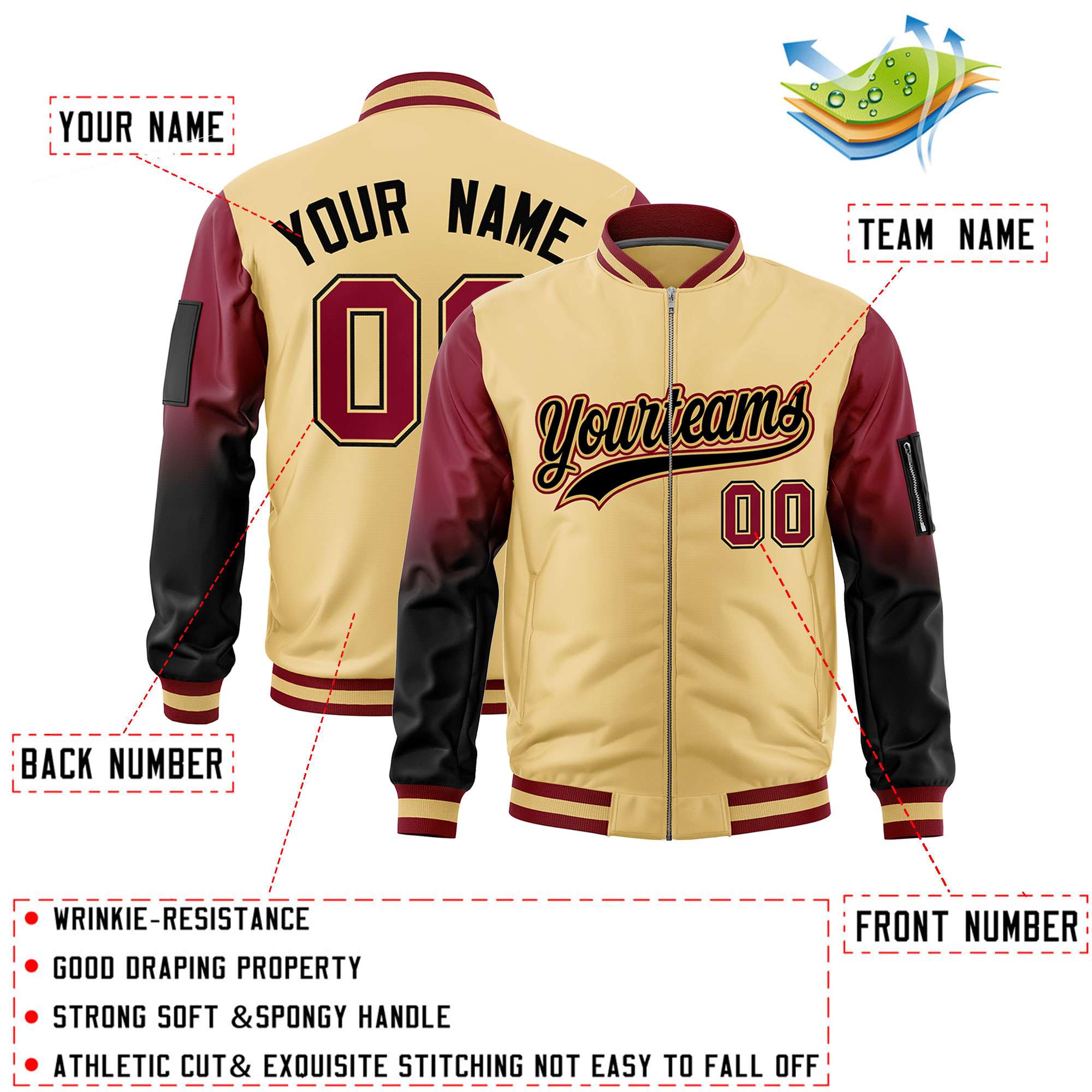 Custom Khaki Crimson-Black Gaglan Sleeve Gradient Varsity Full-Zip Letterman Bomber Jacket