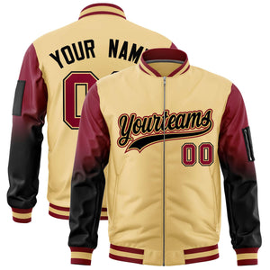 Custom Khaki Crimson-Black Gaglan Sleeve Gradient Varsity Full-Zip Letterman Bomber Jacket