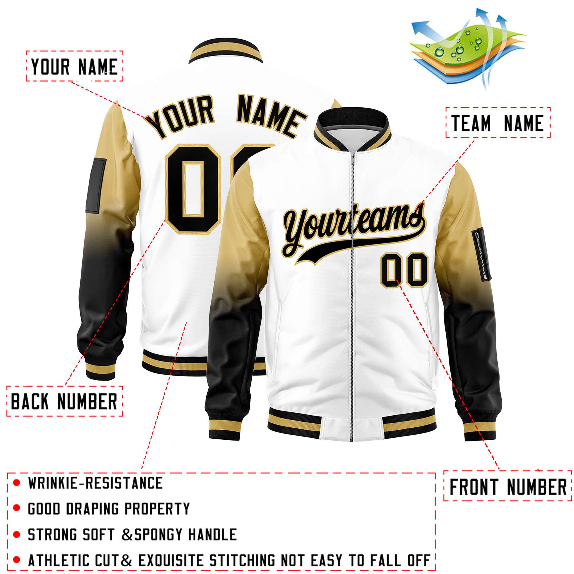 Custom White Old Gold-Black Gaglan Sleeve Gradient Varsity Full-Zip Letterman Bomber Jacket