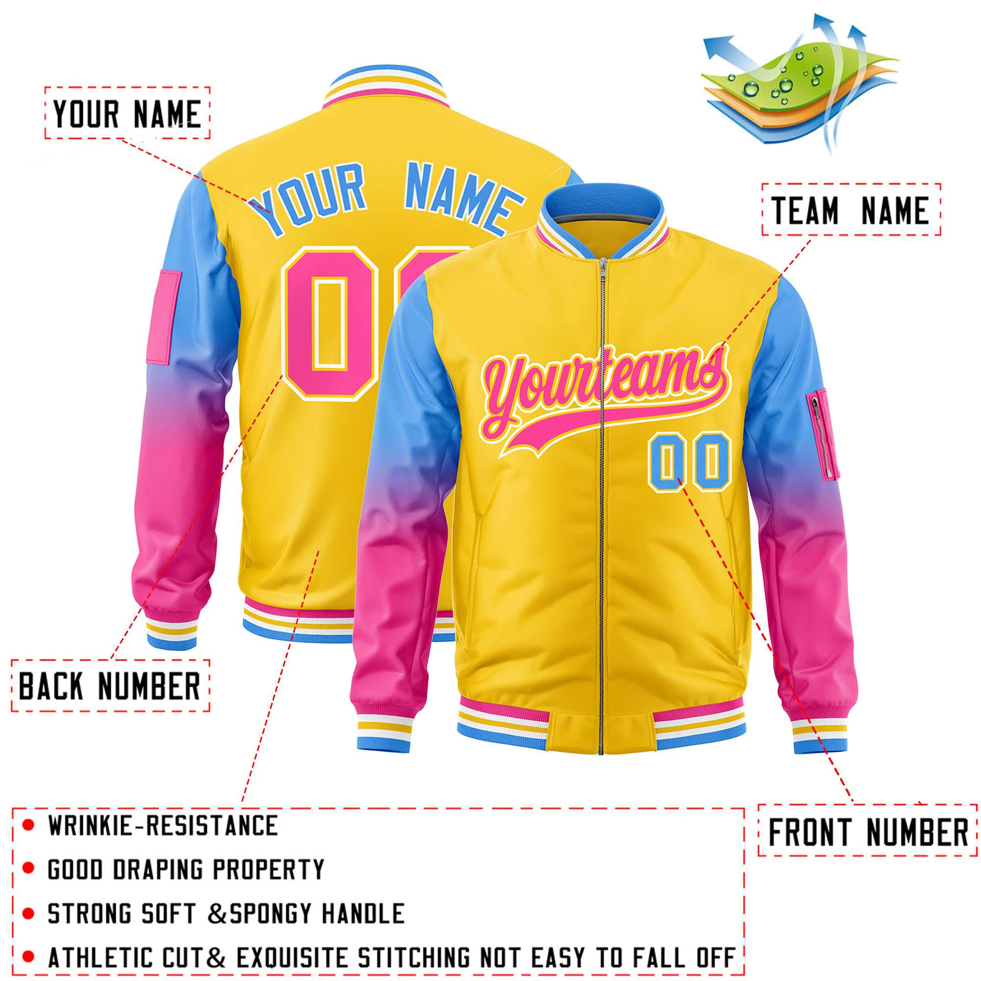 Custom Gold Powder Blue-Pink Gaglan Sleeve Gradient Varsity Full-Zip Letterman Bomber Jacket