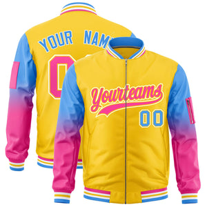 Custom Gold Powder Blue-Pink Gaglan Sleeve Gradient Varsity Full-Zip Letterman Bomber Jacket