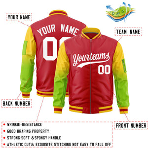 Custom Red Gold-Neon Green Gaglan Sleeve Gradient Varsity Full-Zip Letterman Bomber Jacket