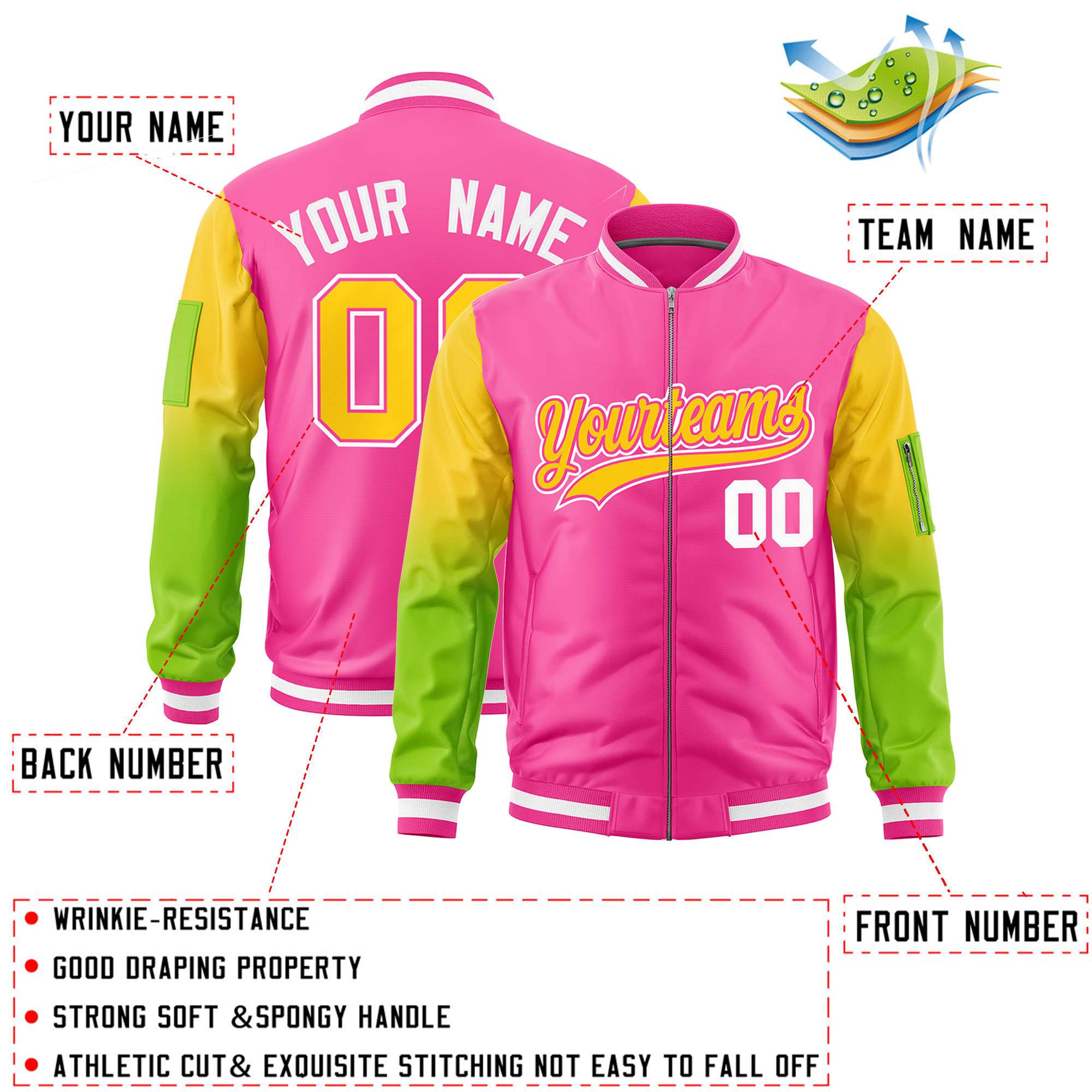 Custom Pink Gold-Neon Green Gaglan Sleeve Gradient Varsity Full-Zip Letterman Bomber Jacket