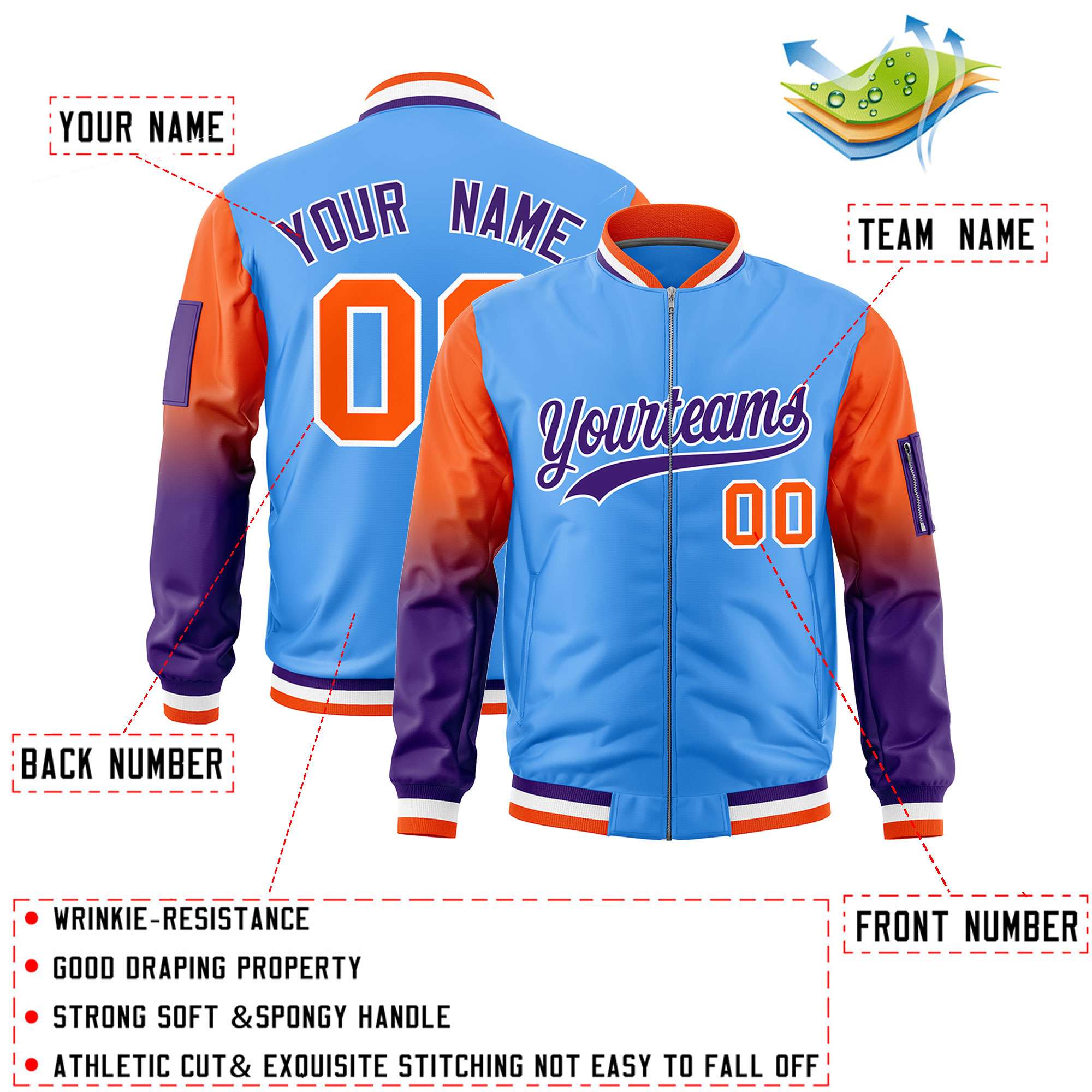 Custom Powder Blue Orange-Purple Gaglan Sleeve Gradient Varsity Full-Zip Letterman Bomber Jacket