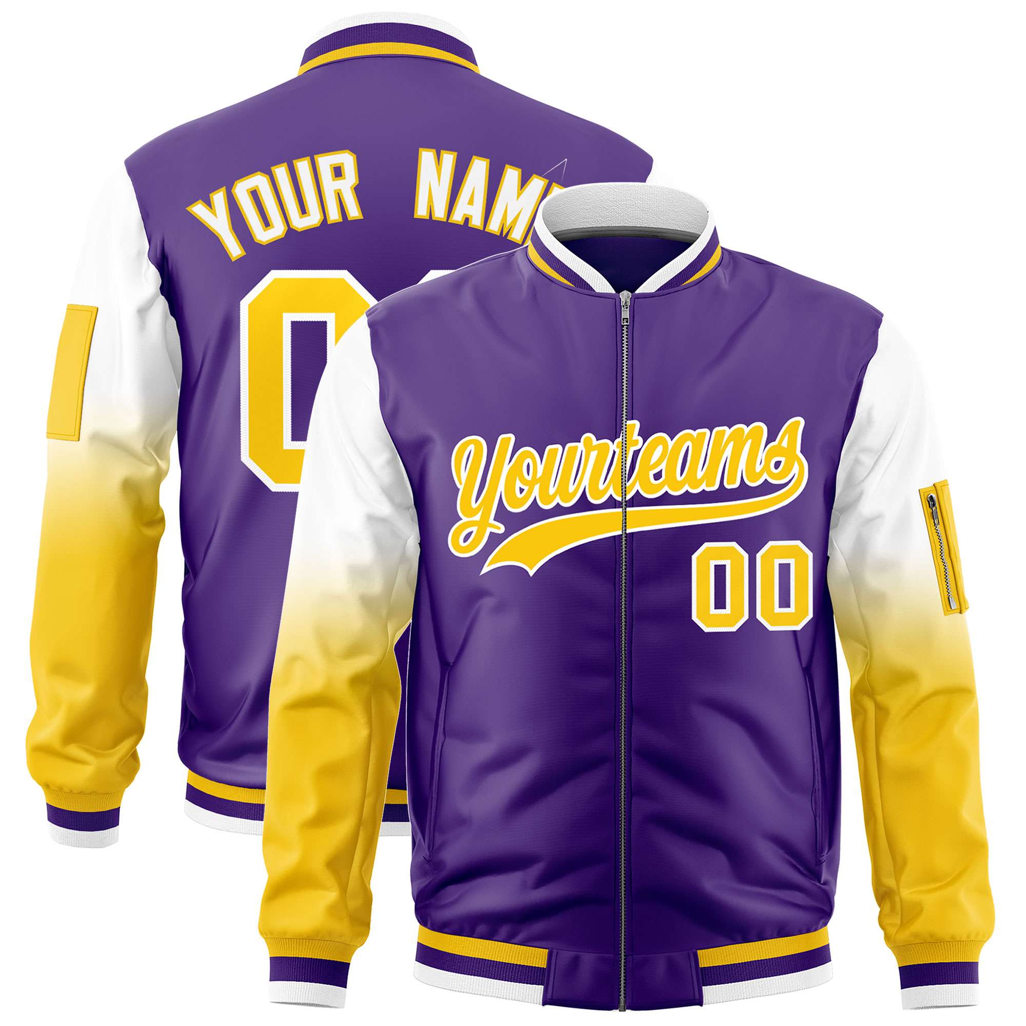 Custom Purple White-Gold Gaglan Sleeve Gradient Varsity Full-Zip Letterman Bomber Jacket