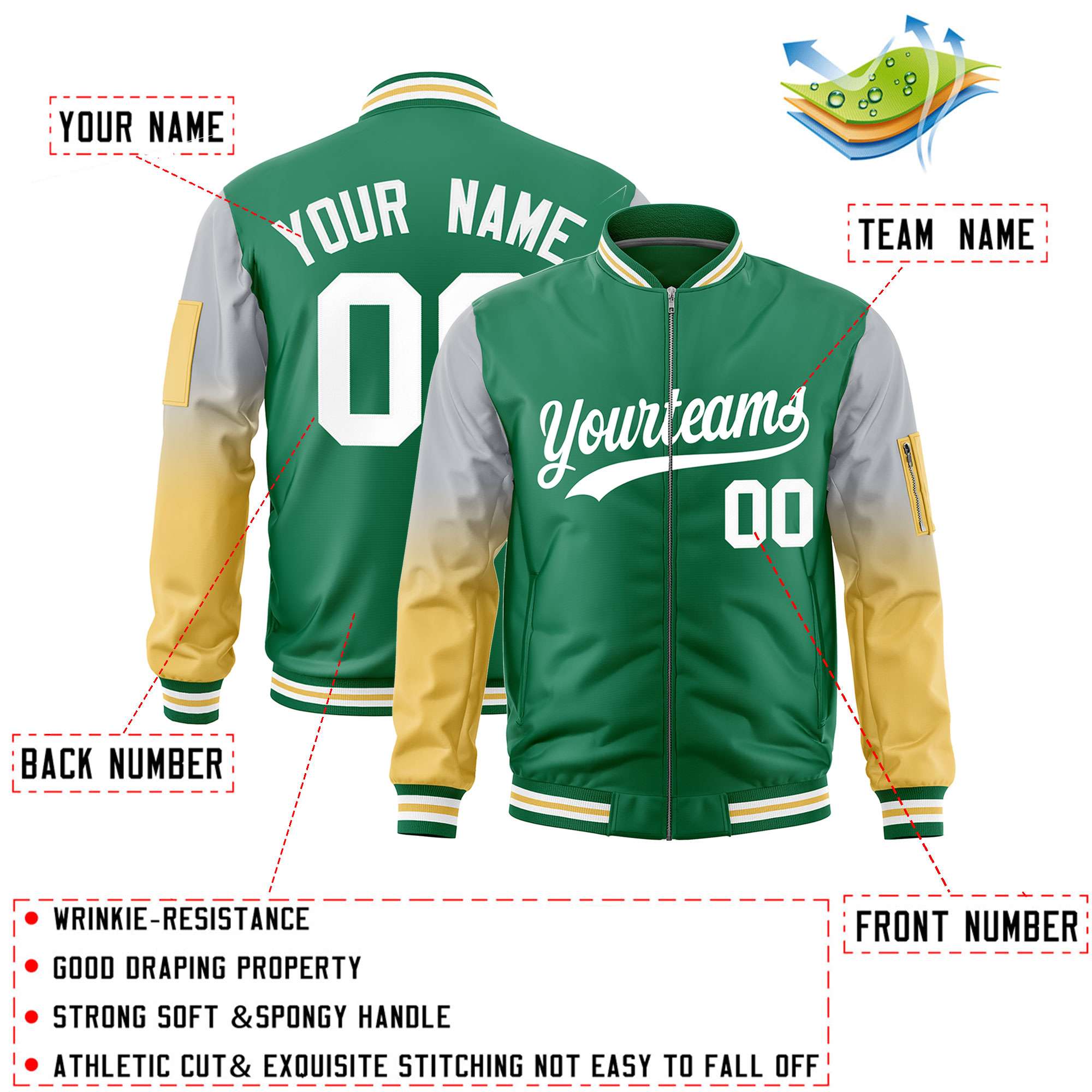 Custom Kelly Green Silver-Old Gold Gaglan Sleeve Gradient Varsity Full-Zip Letterman Bomber Jacket