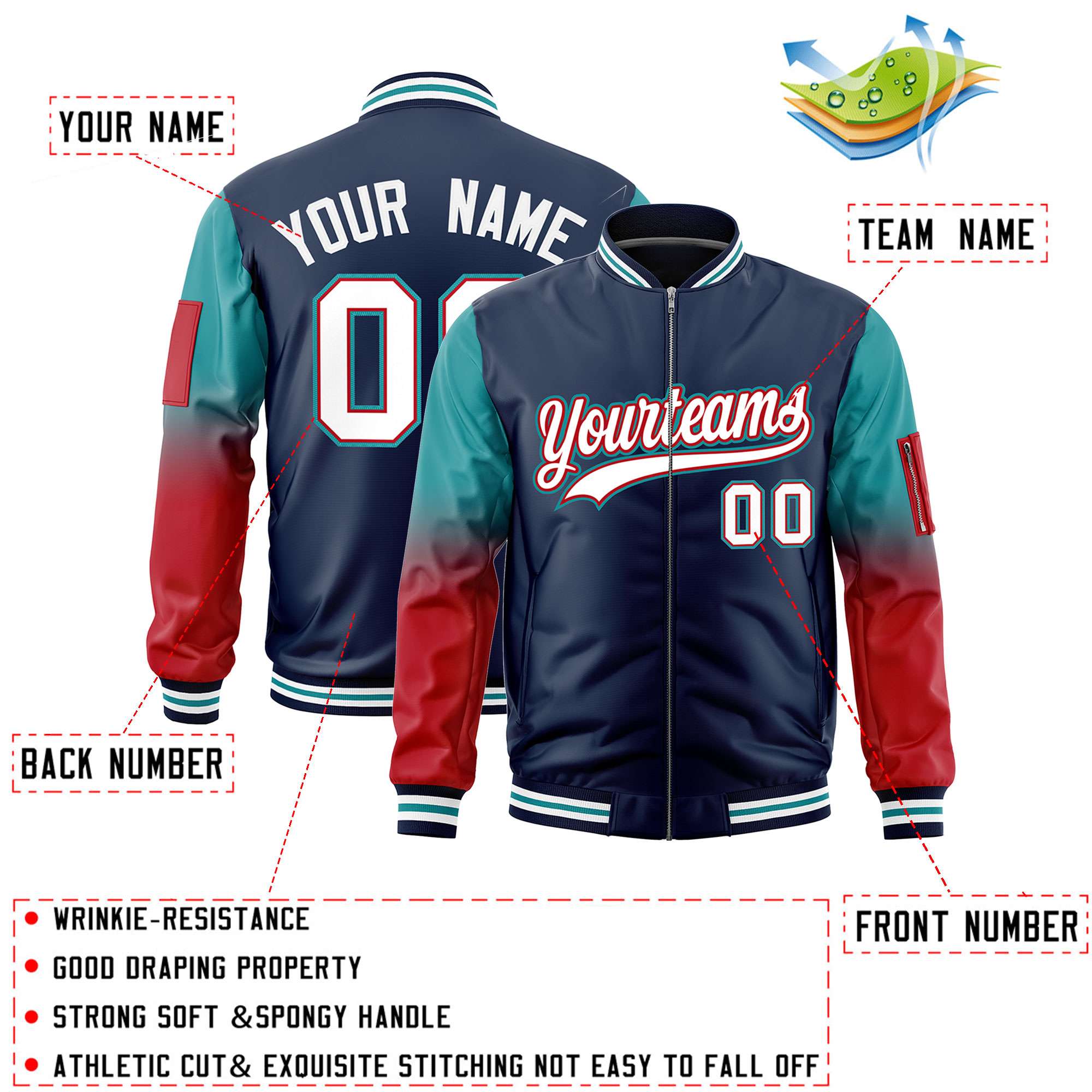 Custom Navy Aqua-Red Gaglan Sleeve Gradient Varsity Full-Zip Letterman Bomber Jacket