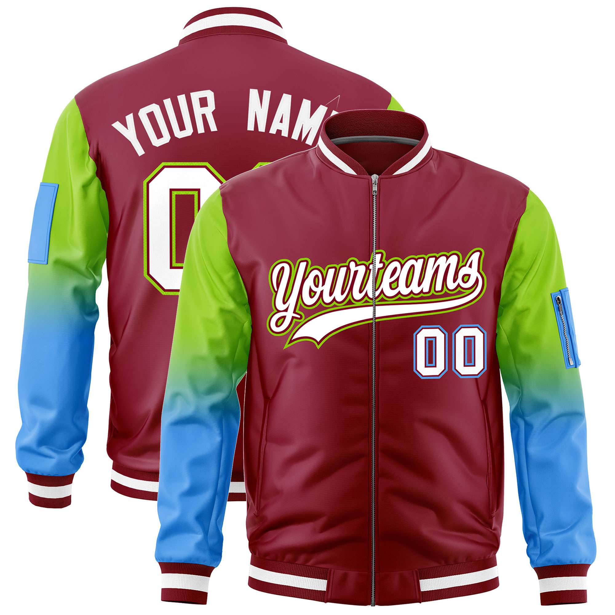 Custom Crimson Neon Green-Powder Blue Gaglan Sleeve Gradient Varsity Full-Zip Letterman Bomber Jacket