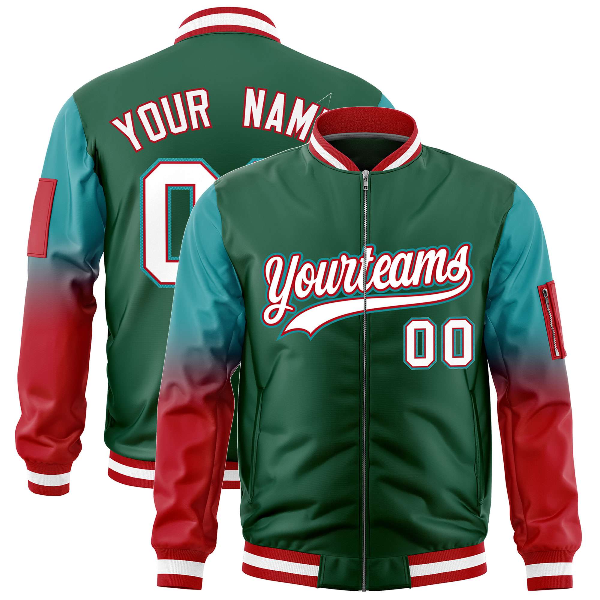 Custom Green Aqua-Red Gaglan Sleeve Gradient Varsity Full-Zip Letterman Bomber Jacket