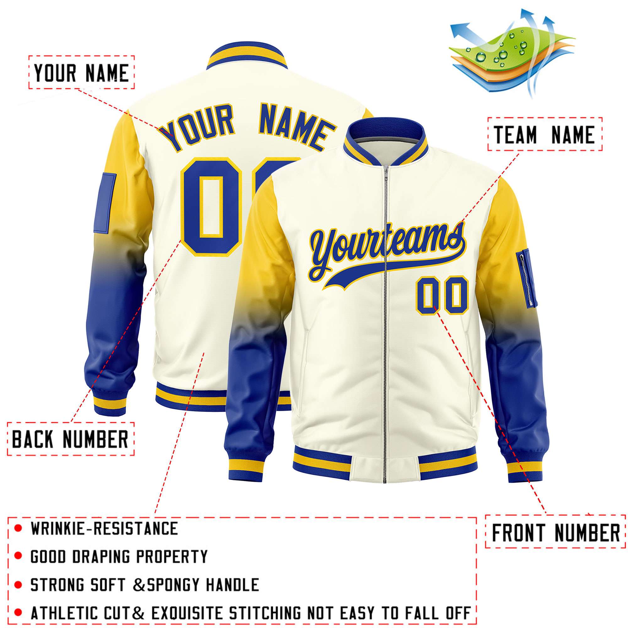 Custom Cream Gold-Royal Gaglan Sleeve Gradient Varsity Full-Zip Letterman Bomber Jacket