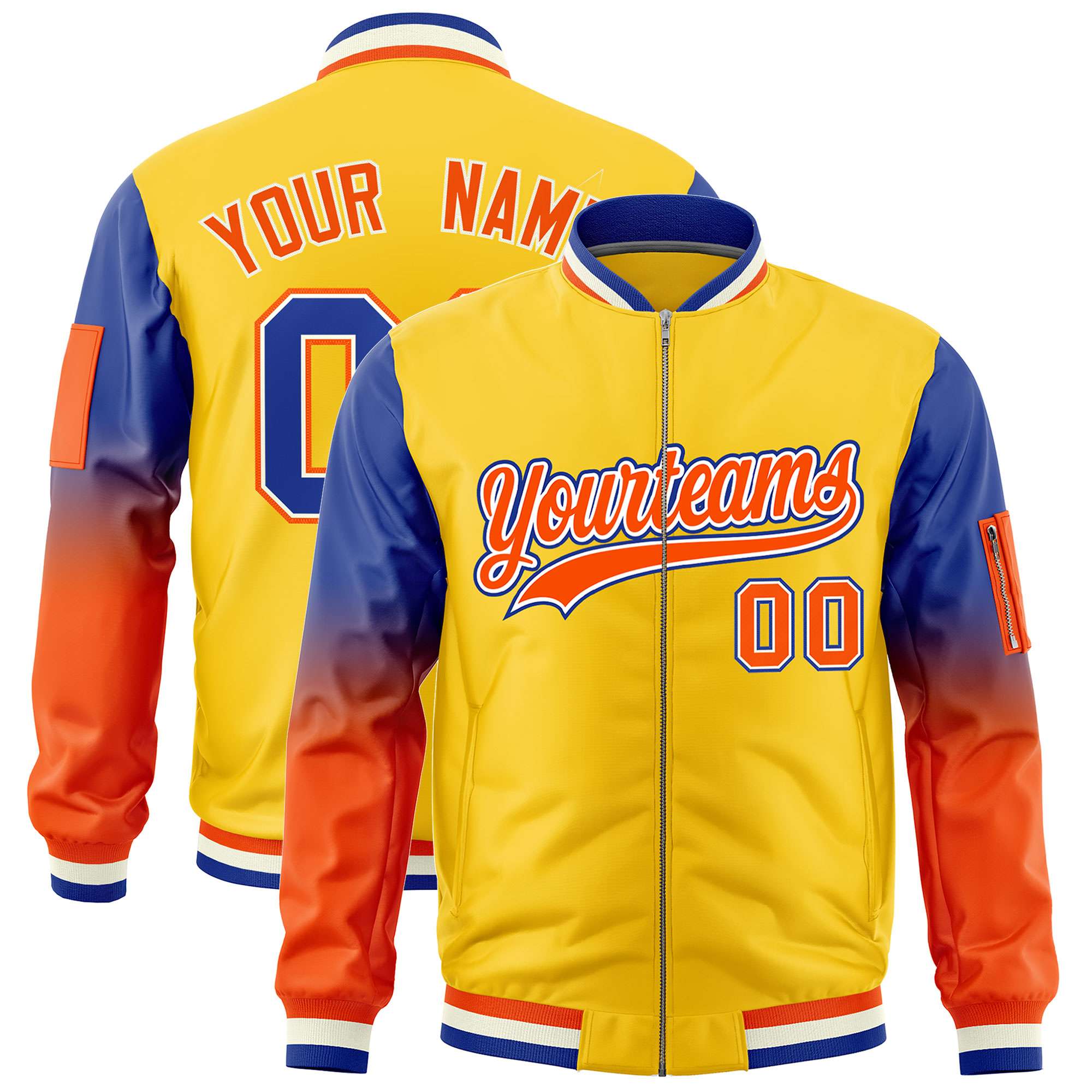 Custom Gold Royal-Orange Gaglan Sleeve Gradient Varsity Full-Zip Letterman Bomber Jacket