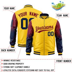 Custom Gold Crimson-Navy Gaglan Sleeve Gradient Varsity Full-Zip Letterman Bomber Jacket