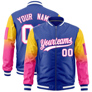 Custom Royal Gold-Pink Gaglan Sleeve Gradient Varsity Full-Zip Letterman Bomber Jacket