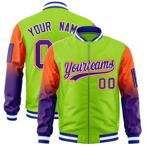 Custom Neon Green Orange-Purple Gaglan Sleeve Gradient Varsity Full-Zip Letterman Bomber Jacket