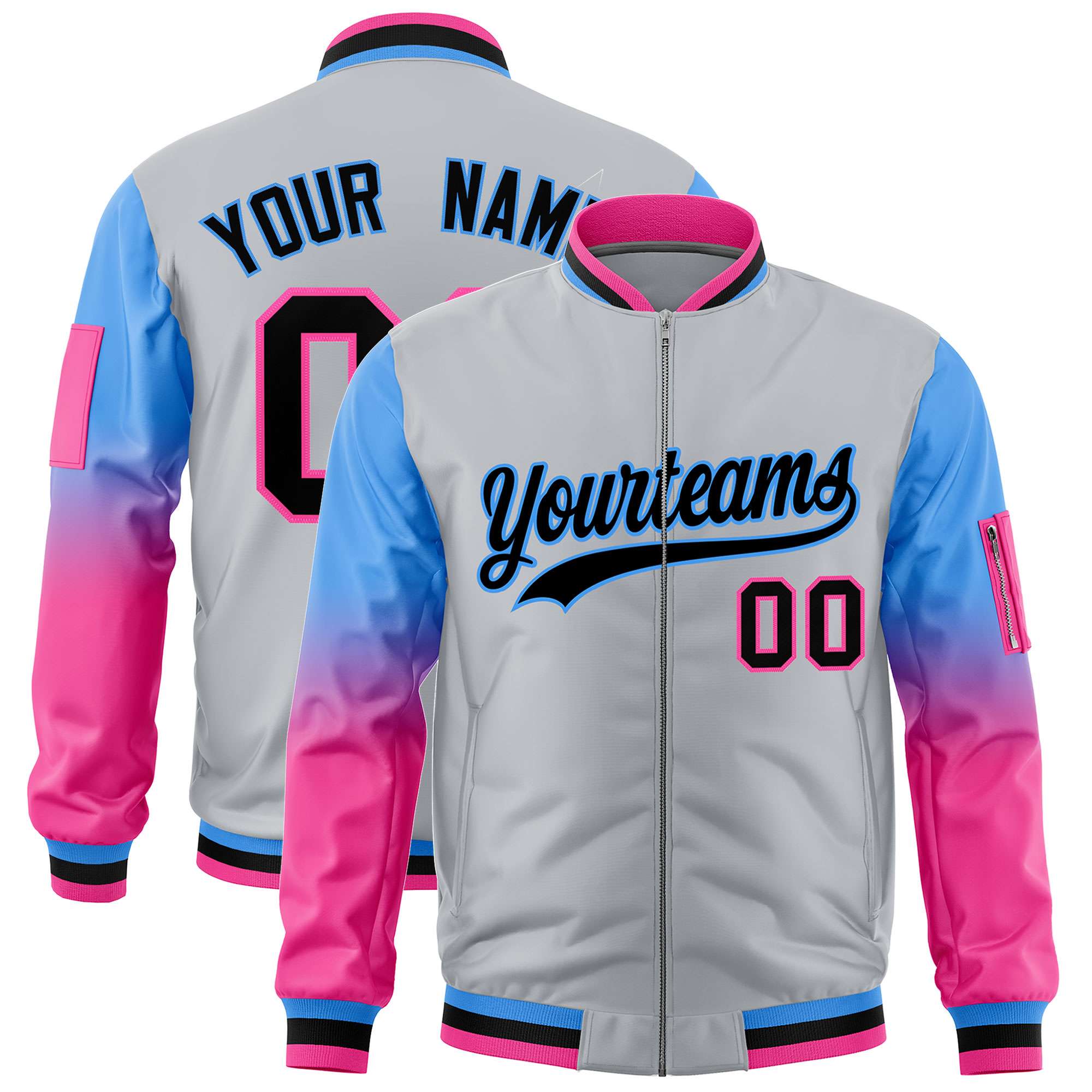 Custom Silver Powder Blue-Pink Gaglan Sleeve Gradient Varsity Full-Zip Letterman Bomber Jacket